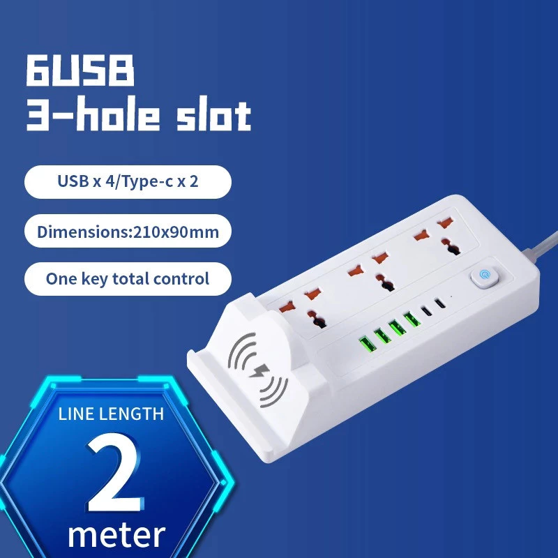 Ổ điện đa năng có sạc nhanh PD + sạc không dây + cổng USB chịu tải 2500W dây dài 2m. Led Khải Ân