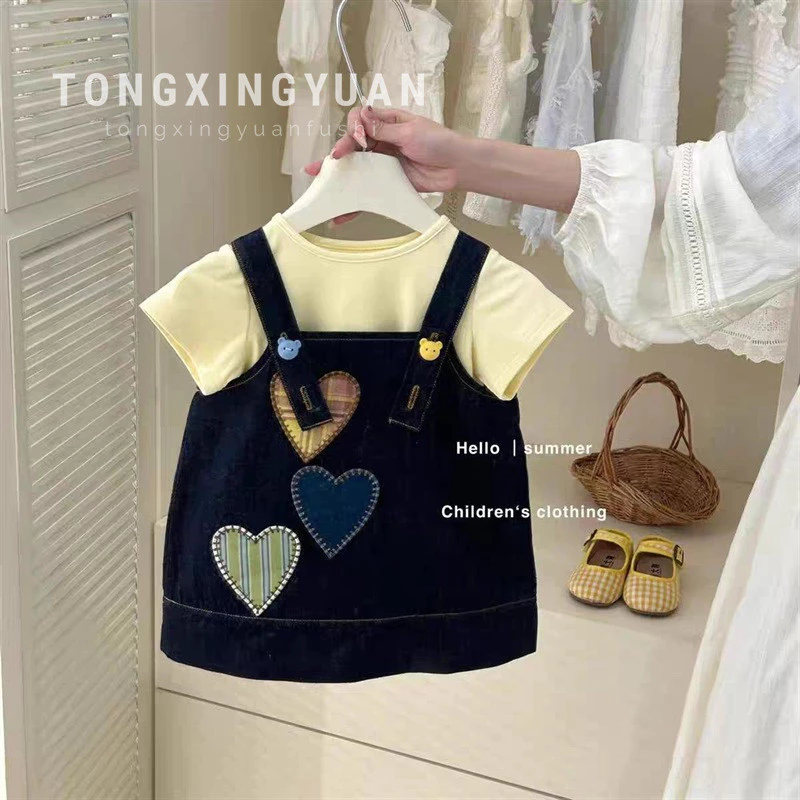 Váy denim cho bé gái mùa hè phong cách mới Bảo Bối nữ phong cách Hàn Quốc thời trang váy vest Áo Thun Hai mảnh