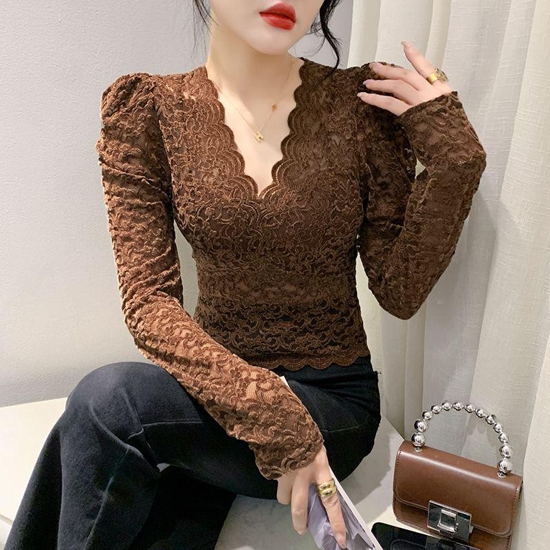 Áo thun dài tay phồng nữ mùa thu đông có ren đáy màu trơn cổ chữ V khí chất