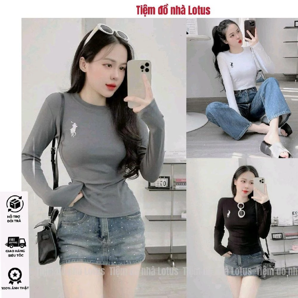 Áo A06 THUN ÔM CỔ VIỀN TAY DÀI THÊU NGỰA cực tôn dáng ( Tiệm đồ nhà Lotus)