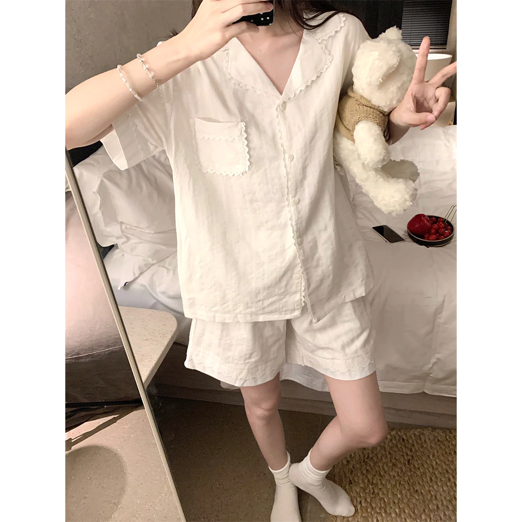 [SẴN] 756_Bộ ngủ nữ, pijama cổ V màu trắng (quần 2 lớp) basic chất cotton | 9scat | Hàng QCCC