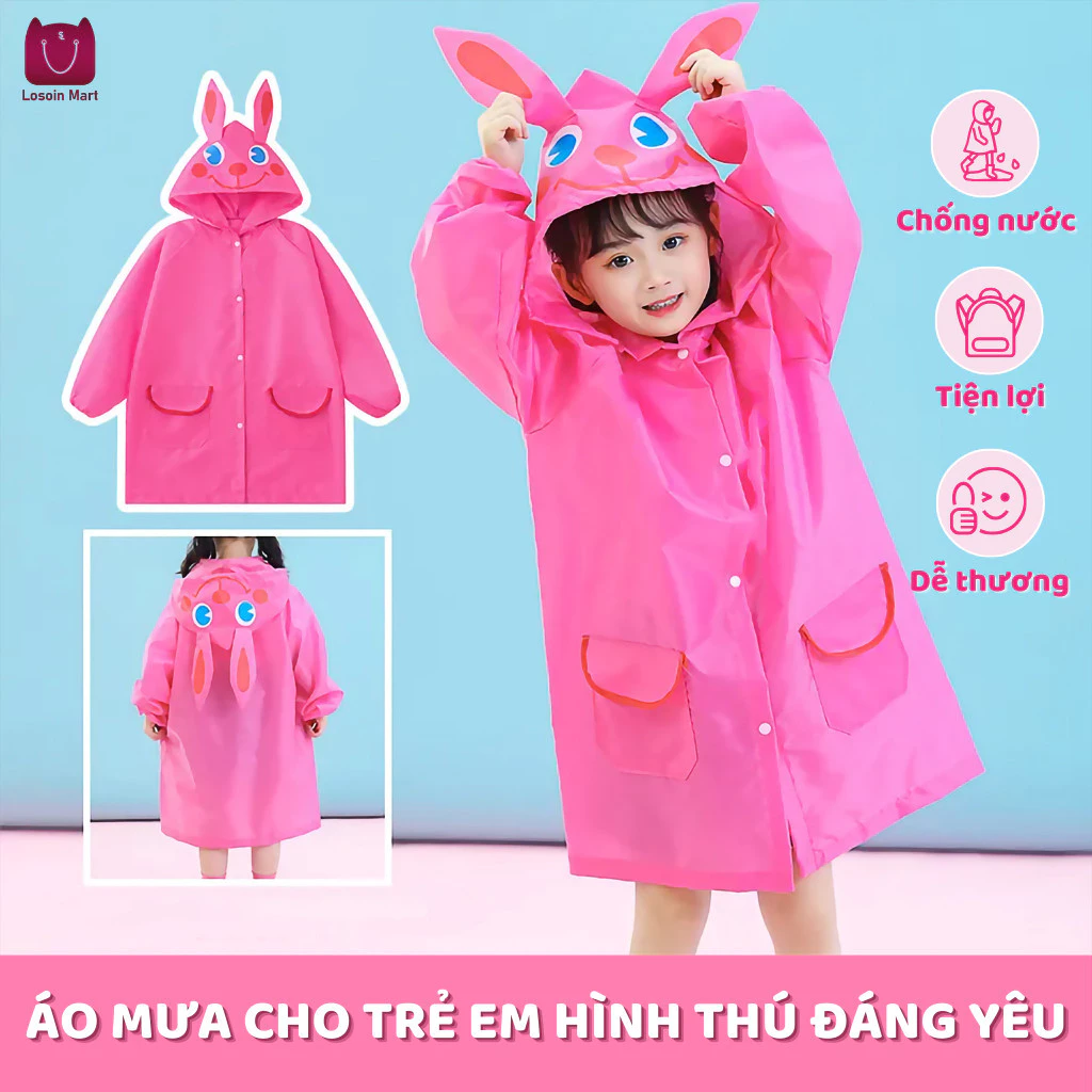 Áo mưa vui nhộn cho trẻ em từ 2-7 tuổi, áo mưa chống gió có hình dạng động vật vui nhộn và nhiều họa tiết