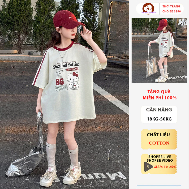 Áo thun bé gái ngắn tay dáng rộng size 18-50kg chất liệu cotton, áo thun bé gái mùa hè phong cách hàn quốc, áo thun nữ
