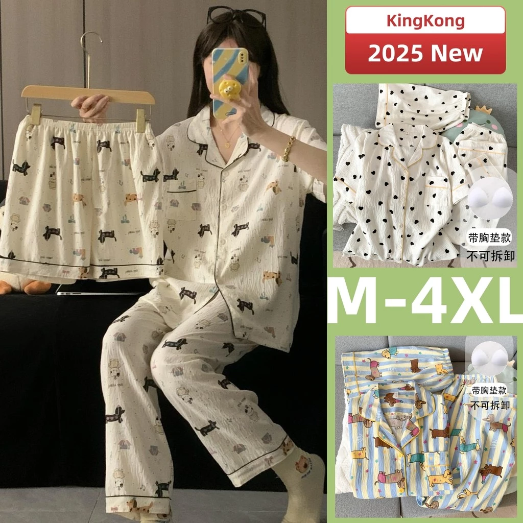 M-4XL Bộ Đồ Ngủ Có Đệm Nữ Cotton 3 Bộ Đồ Ngủ Plus Kích Thước Mùa Hè Tay Ngắn Đồ Ngủ Người Phụ Nữ Hoạt Hình Dễ Thương Mặc Ở Nhà