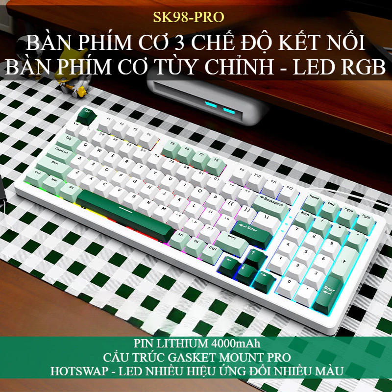 Bàn Phím Cơ Gaming 3 Chế Độ Kết Nối SK98PRO - LED RGB - Gasket Mount Pro - Full Froam Mod - Antin Ghosting