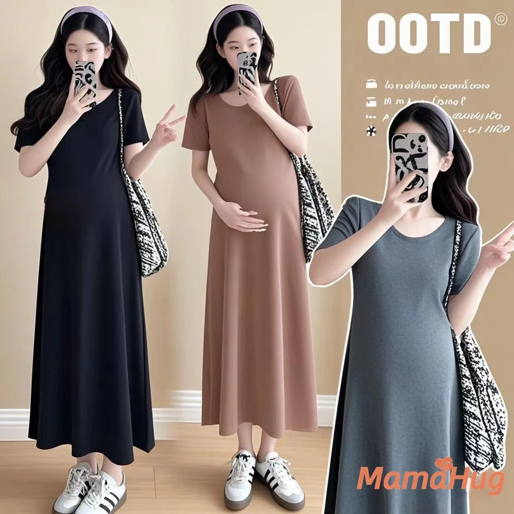 Váy bà bầu Mùa hè 2026 Slim Fit Tay ngắn Flowy Mid-Length Váy loe Quần áo bà bầu Nhẹ thoáng khí Vải thường ngày Mặc hàng ngày Sang trọng Thoải mái Mẹ Vải Skrit
