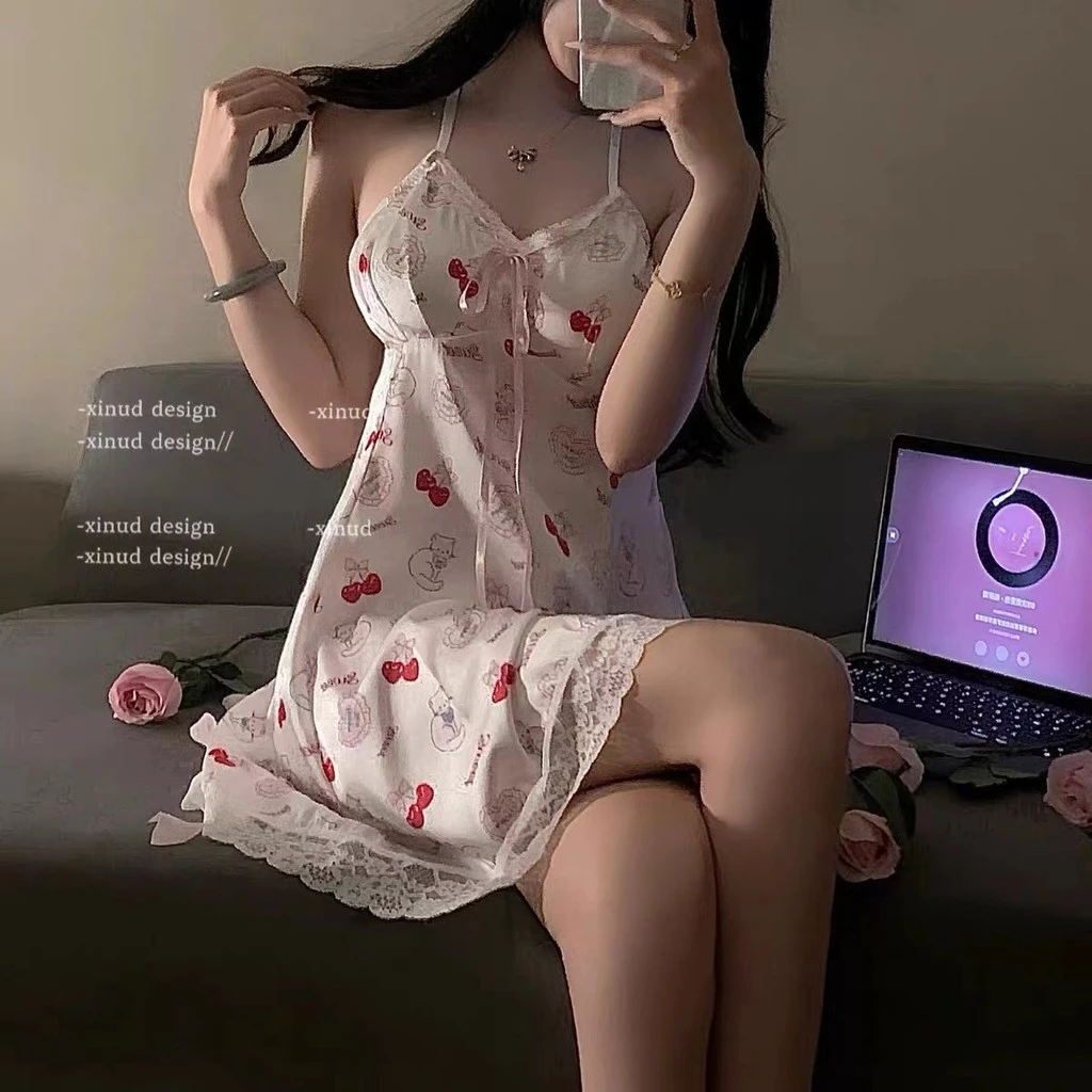 (40-65kg) Đầm ngủ một mảnh sexy cho phụ nữ, đồ ngủ ren ngọt ngào, đồ mặc ở nhà với đệm ngực và dây đai có thể tháo rời, khơi dậy ham muốn thuần khiết như quả anh đào