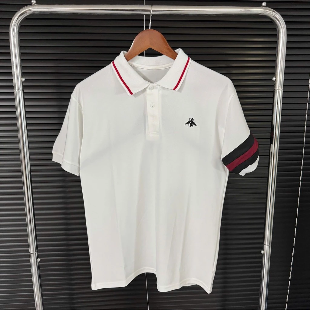 Áo Polo Họa Tiết Thêu Con Ong , Cổ Dệt Phối Tay Sọc ,Chất Vải Gai Thoáng Mát Menswear