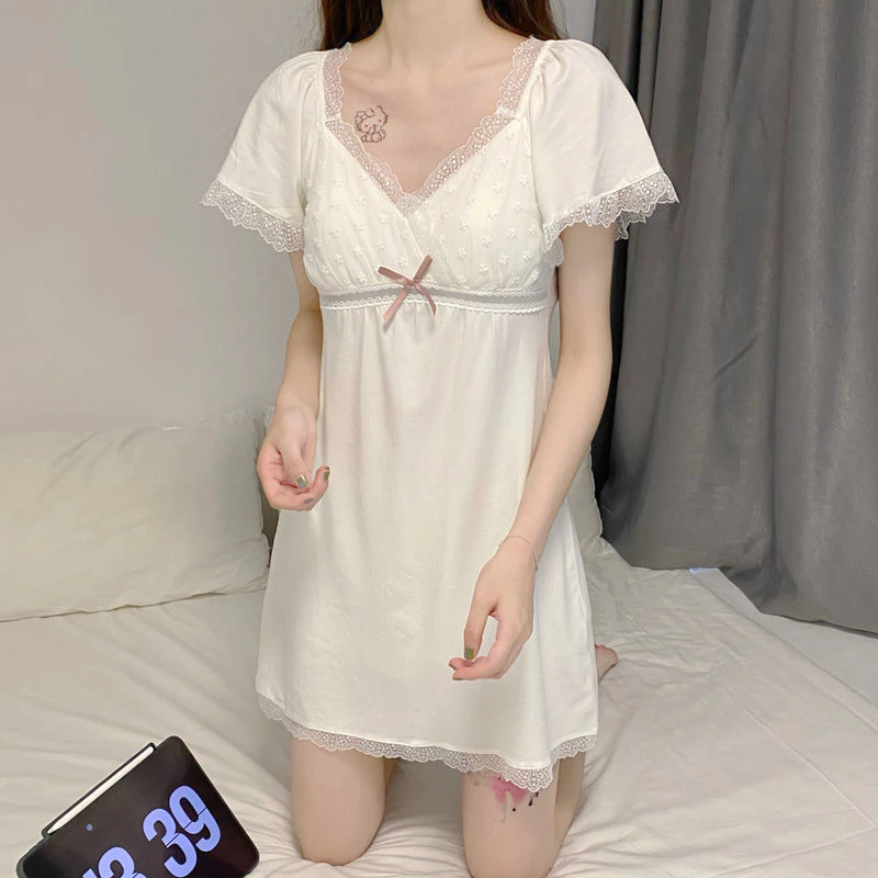 [Sẵn sàng] Bộ đồ ngủ ngắn tay Váy ngủ gợi cảm có đệm ngực Váy ngủ cỡ lớn Váy ngắn phong cách cung điện Dây buộc ren mùa hè Màu trơn Mong muốn có thể mặc bên ngoài W