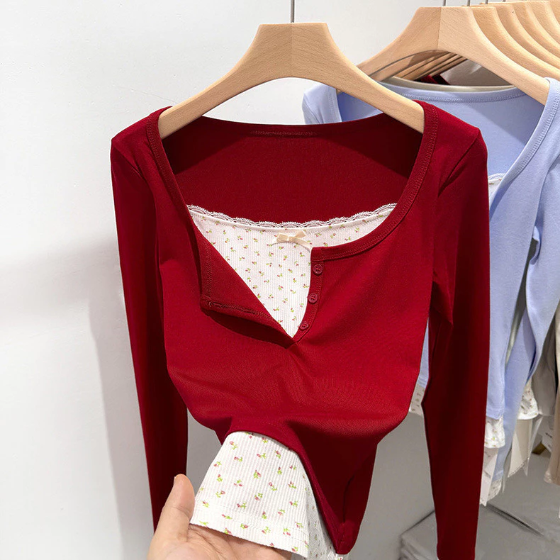 Bh Xuân Thu nữ hoa giả hai áo thun dài tay cổ chữ V ren vừa vặn