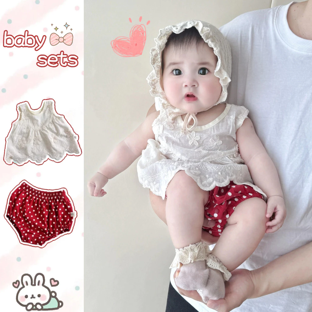Bộ đồ mùa hè cho bé Áo thêu hoa có chấm bi Quần short đỏ Bộ đồ trẻ em 0-24 tháng Quần áo trẻ em