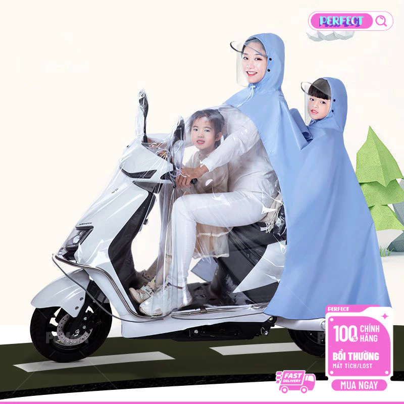 🛵 Áo Mưa Trong Suốt Cho Mẹ & Bé Đi Xe Máy - Kèm Kính Chắn, PVC Chống Thấm, Size 5XL/6XL