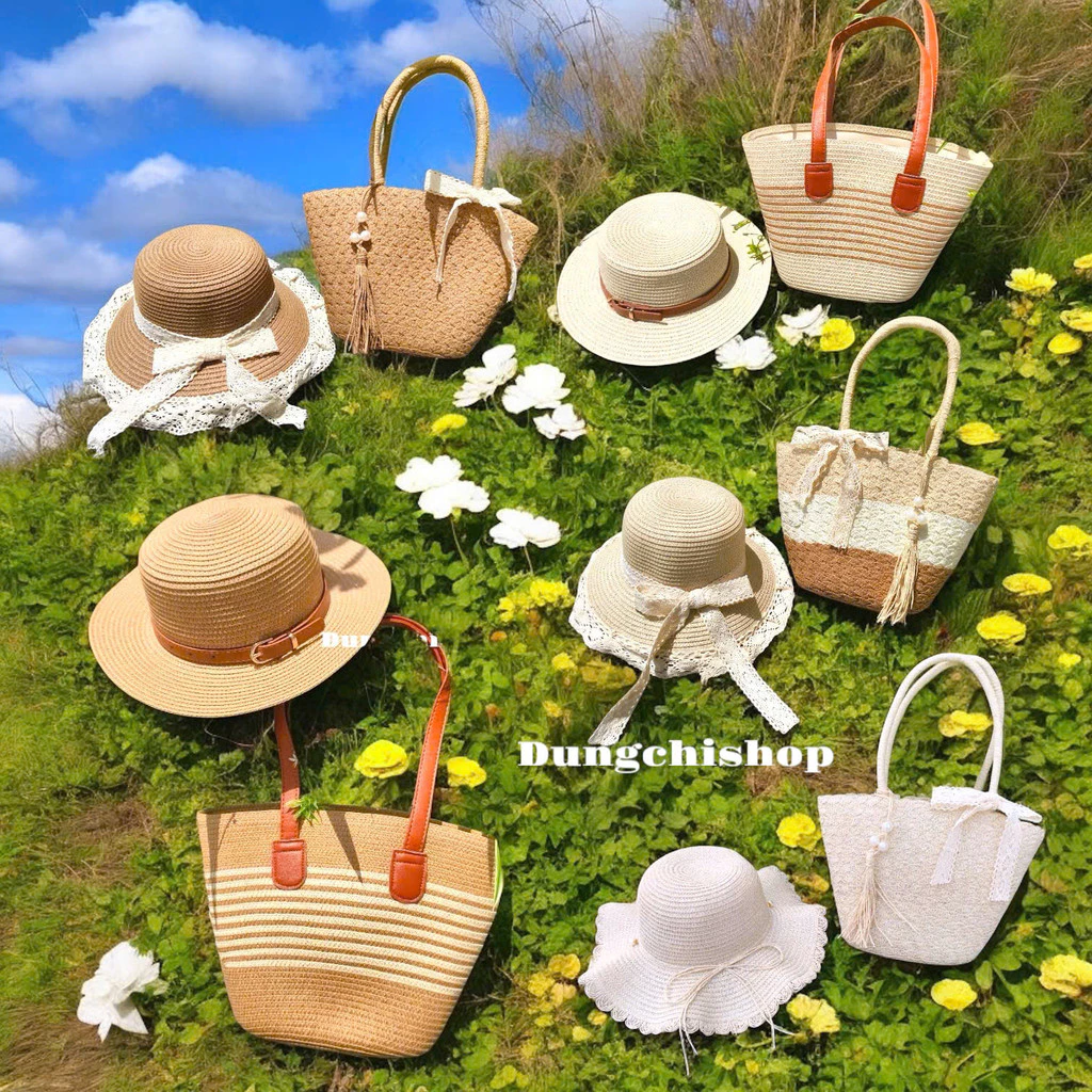 Set túi mũ cói đi biển nhiều mẫu xinh