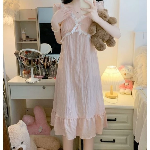 Váy ngủ mùa hè cho nữ có đệm ngực kiểu dáng mỏng phòng cách ngọt ngào chất liệu cotton dệt mây mềm mại