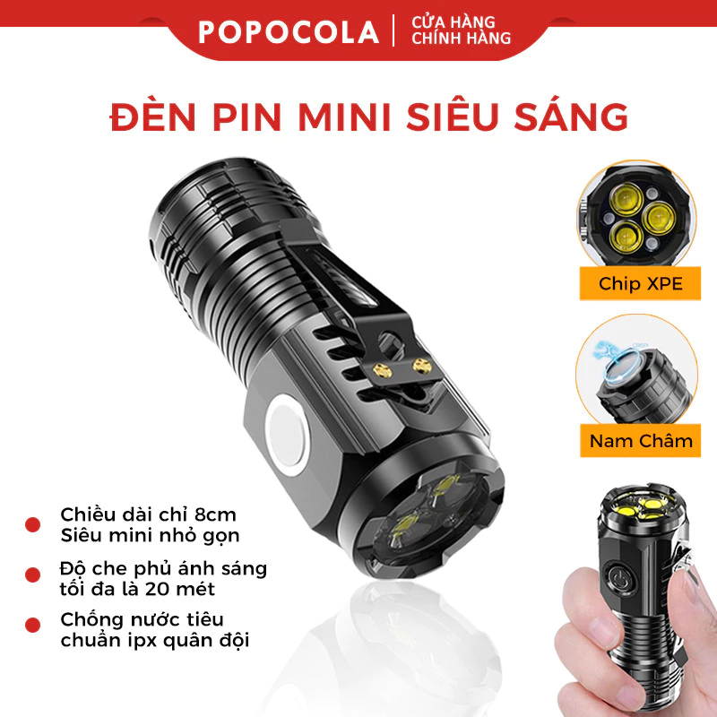 Đèn pin cầm tay mini siêu sáng chiếu xa  5 chế độ sáng chống thấm nước Type-C sạc USB Từ Tính Nặng pin trâu