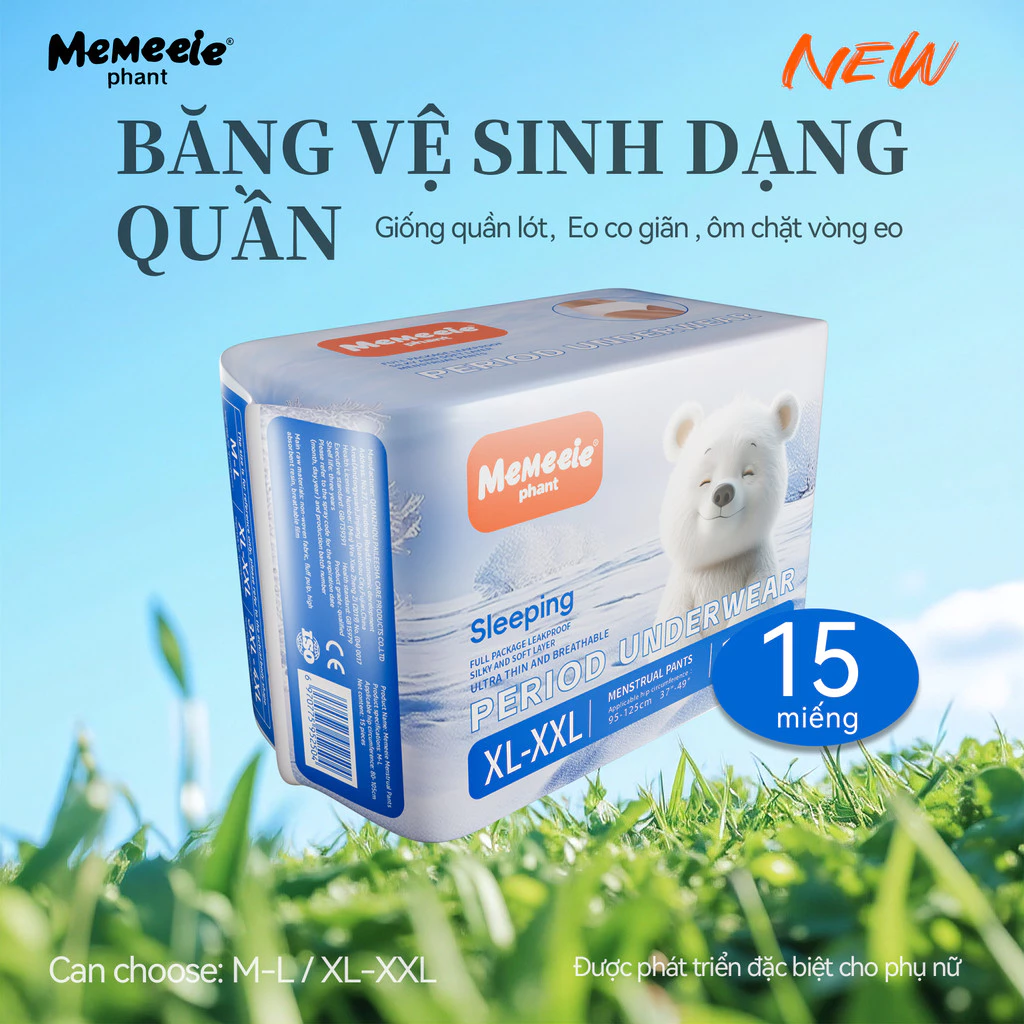 Băng vệ sinh hình quần Memeeie, siêu mỏng thấm siêu mềm chống tràn, bao bì 15 miếng [Tên bìa SP]
