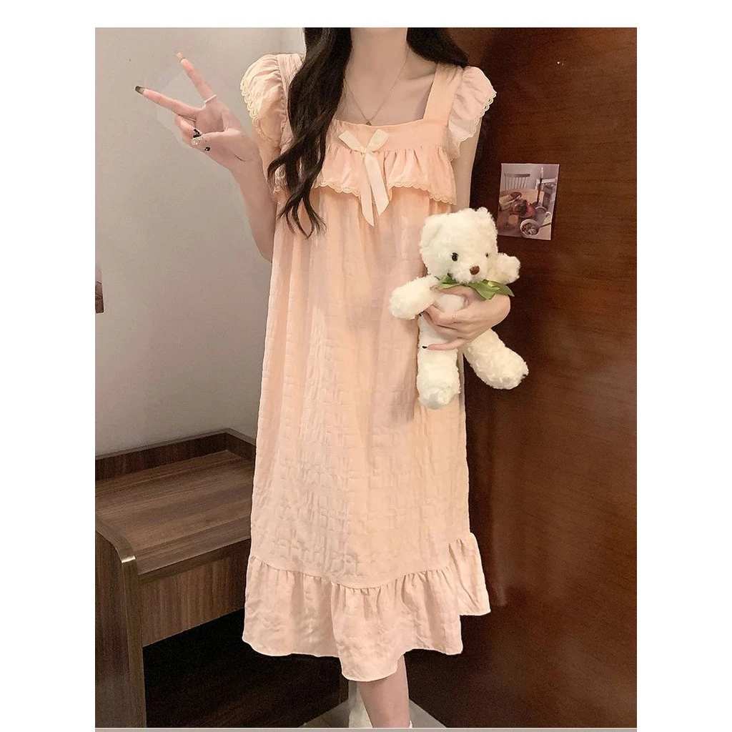 Váy ngủ cho nữ có đệm ngực chất liệu cotton dệt mây mềm mại phong cách nhẹ nhàng dễ thương cho nữ