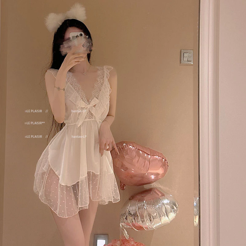 (40-70kg) Đồ ngủ một mảnh ren sexy chấm bi lưới, váy ngủ dây nơ ngọt ngào, đồ mặc nhà cho phụ nữ