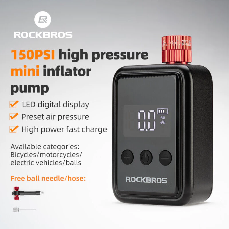 Rockbros Máy Bơm Mini Điện Có Đồng Hồ Đo 150PSI Nhẹ AV / FV Sạc Nhanh Hợp Kim Nhôm Xe Đạp Điện Nhỏ Máy Bơm Không Khí MTB Xe Đạp Đường Bộ Phụ Kiện