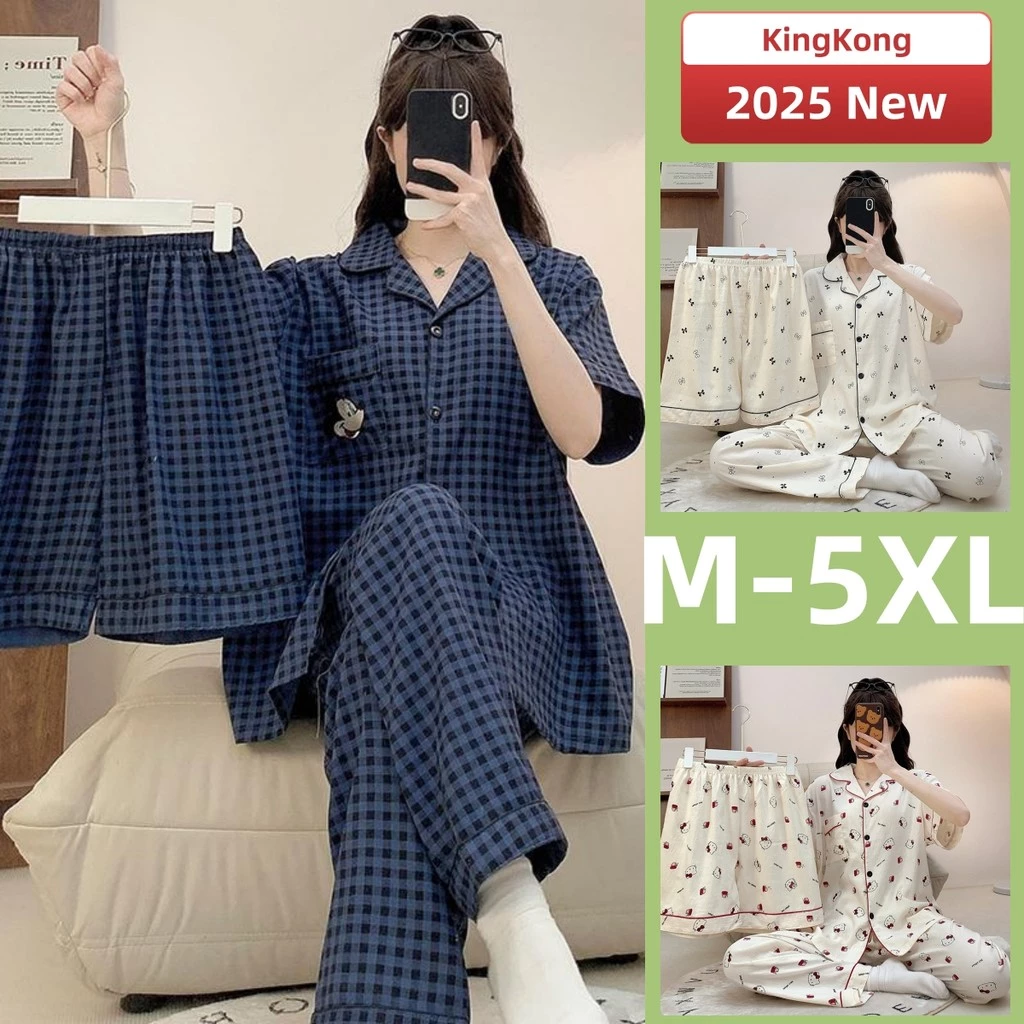 M-5xl Plus Kích Thước Bộ Đồ Ngủ Nữ Cotton 3 Mảnh Pyjama Bộ Mùa Hè Tay Ngắn Đồ Ngủ Người Phụ Nữ Nữ Dễ Thương Kẻ Sọc In Trang Phục Nhà