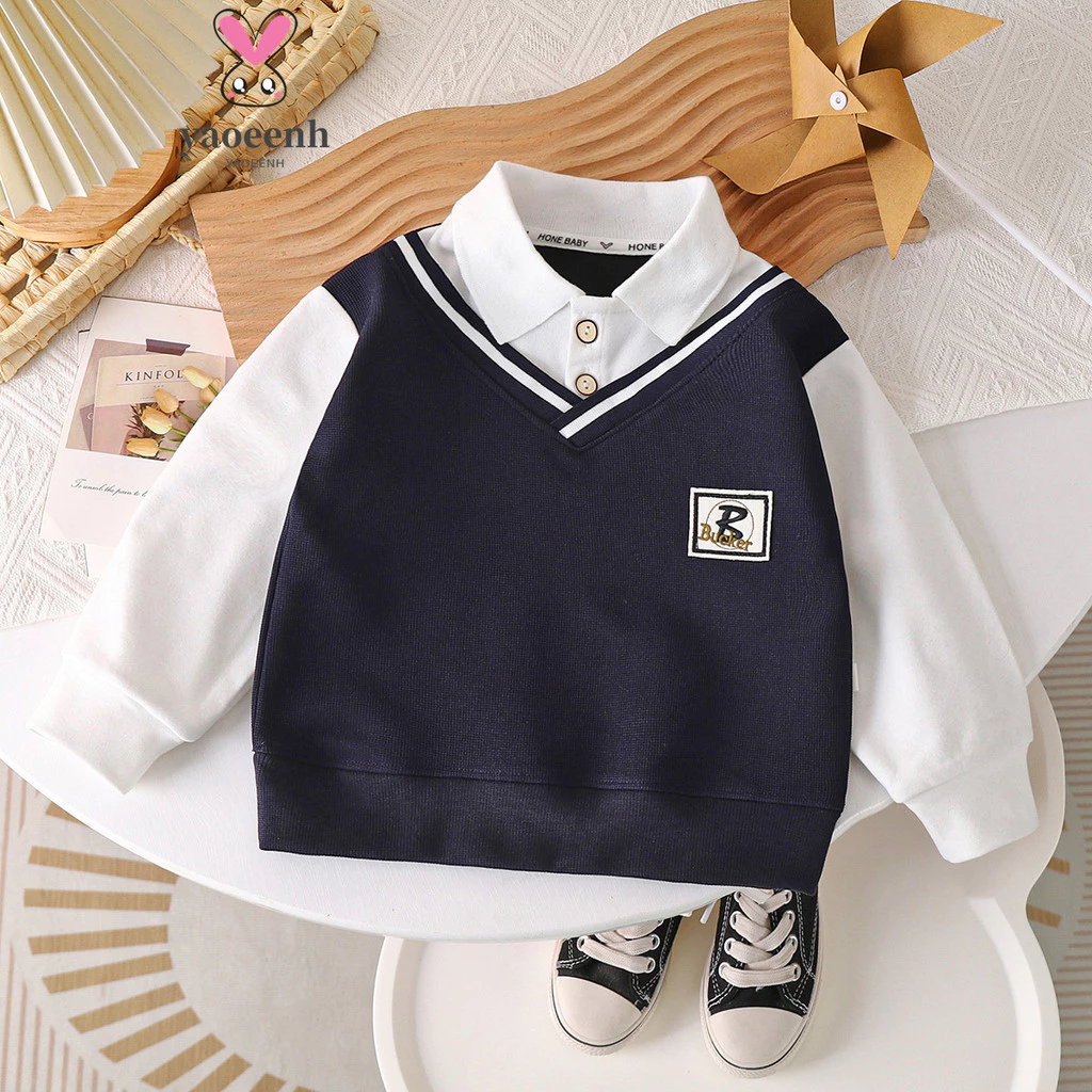90-160cm Xuân Thu Phong Cách Bé Trai Phù Hợp Với Ve Áo POLO Áo Sơ Mi Áo Trung Lớn Trẻ Em Phong Cách Anh Thời Trang Giả Hai Miếng Hàng Sẵn Có Vận Chuyển Nhanh