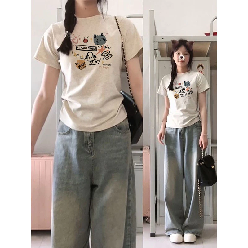 Áo Babybtee Kiểu Thun Nữ Cổ Tròn Xám Tiêu In Hình Dễ Thương