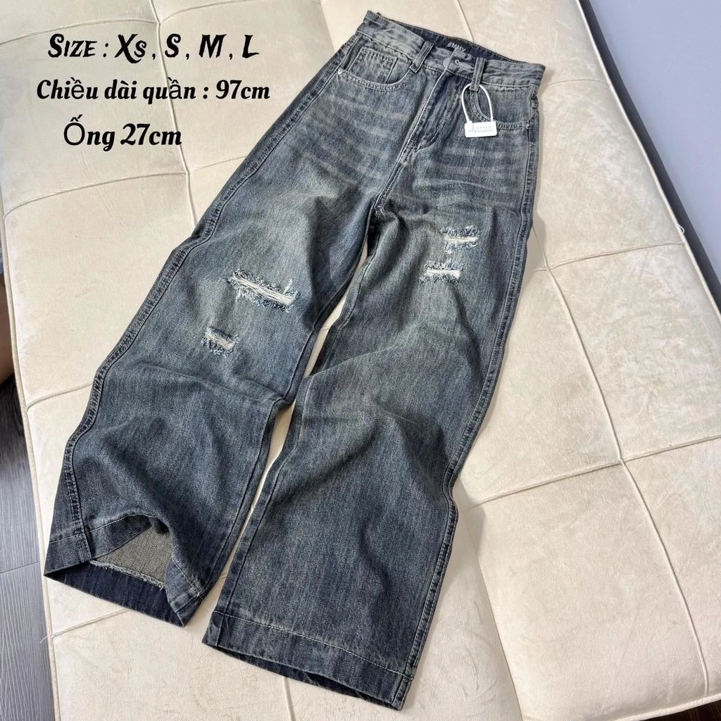 (97cm)XS/S/M/L Quần Jean Nữ Ong Suông Rách Nhẹ QC ,  Women Pants Voi quần  jeans  Kem ( S01 - Quần suông nấm ) 6798