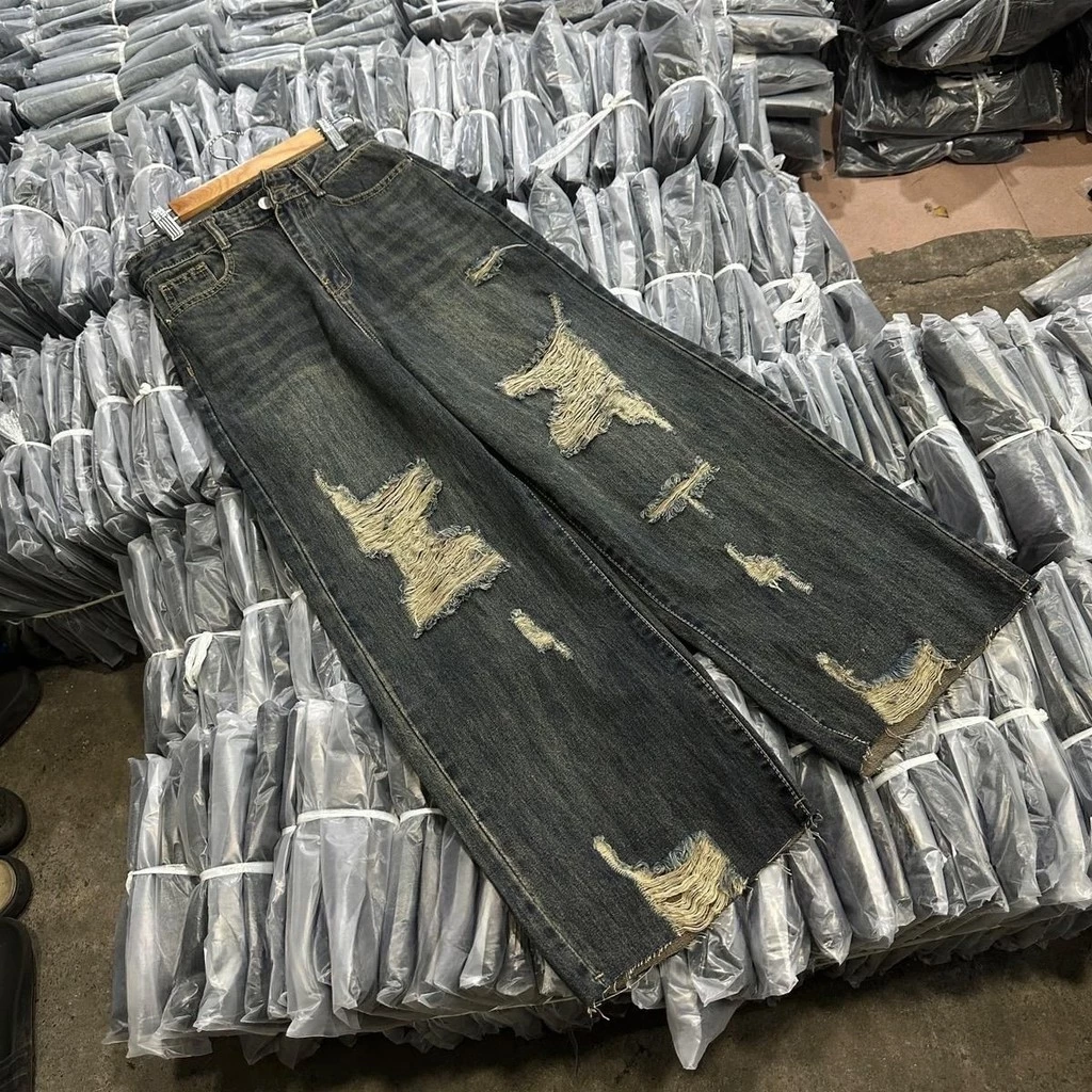 (96/97cm) Quần Jean Nữ  Suông RỘNG Nấm Rách Nhiều Lai Tua QC . Jean ko giãn . Đủ Size S/M/L ( S01 - Quần suông nấm) 6778