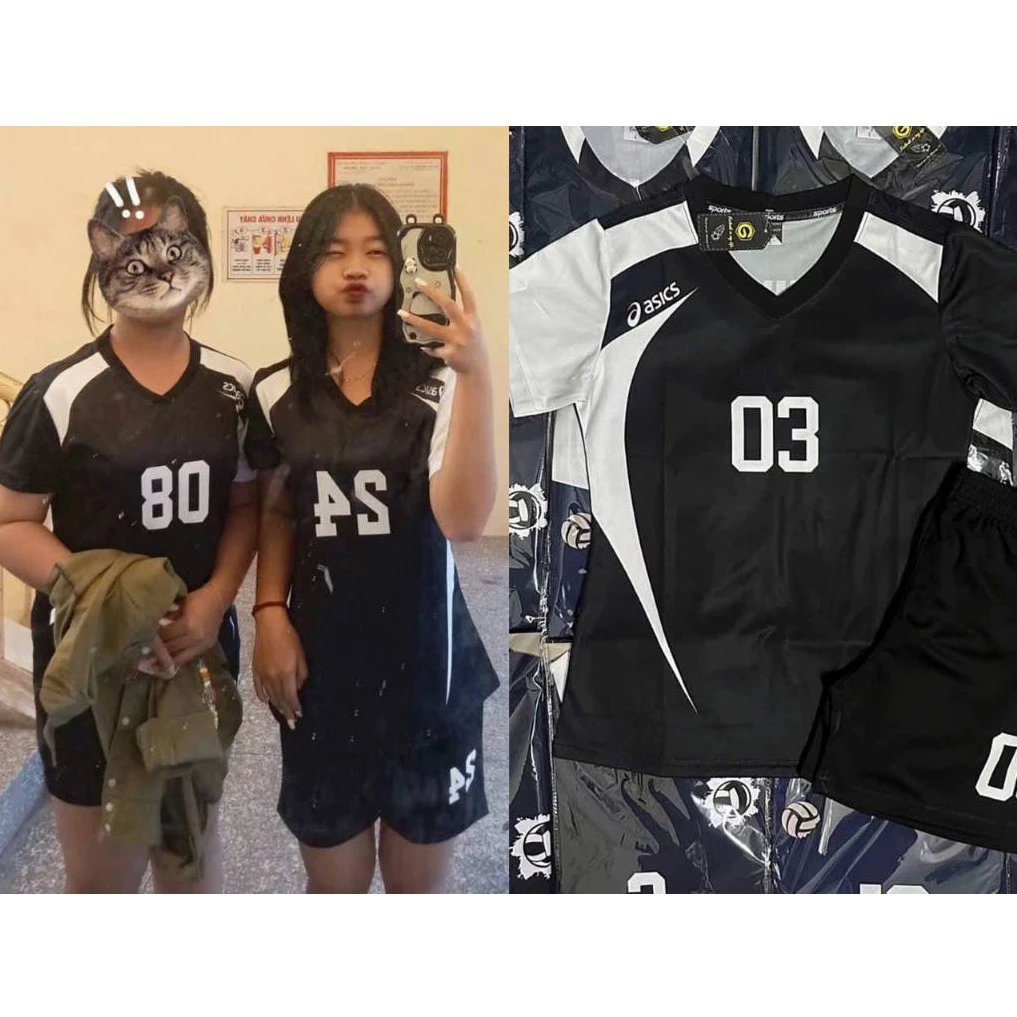 Bộ Quần Áo Bóng Chuyền Nam Nữ Đen, Đồ Bóng Chuyền Áo Thể Thao Co Giãn Tốt, Thoáng Mát Có in Tên Số