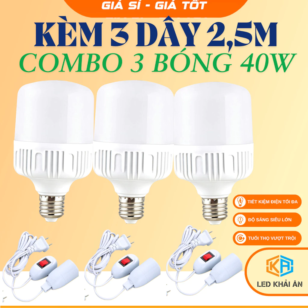 Combo 3 bóng led 40w kèm 3 dây 2,5m. Tiết kiệm điện. Bảo hành đổi mới 12 tháng. Led Khải Ân