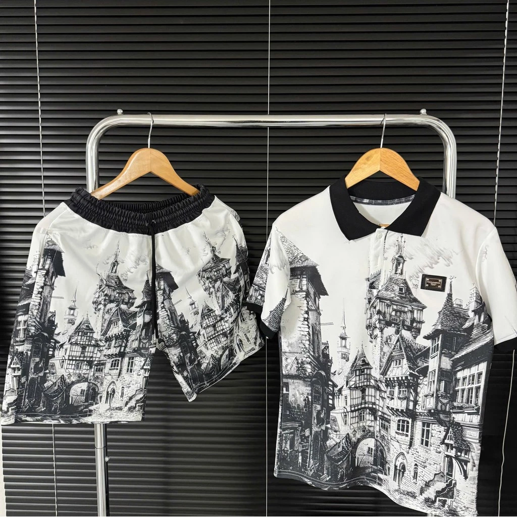 Bộ Quần Áo Polo Đê Gờ Thị Trấn Cổ , Logo Kim Loại Nam Menswear Hàng QC hottrend