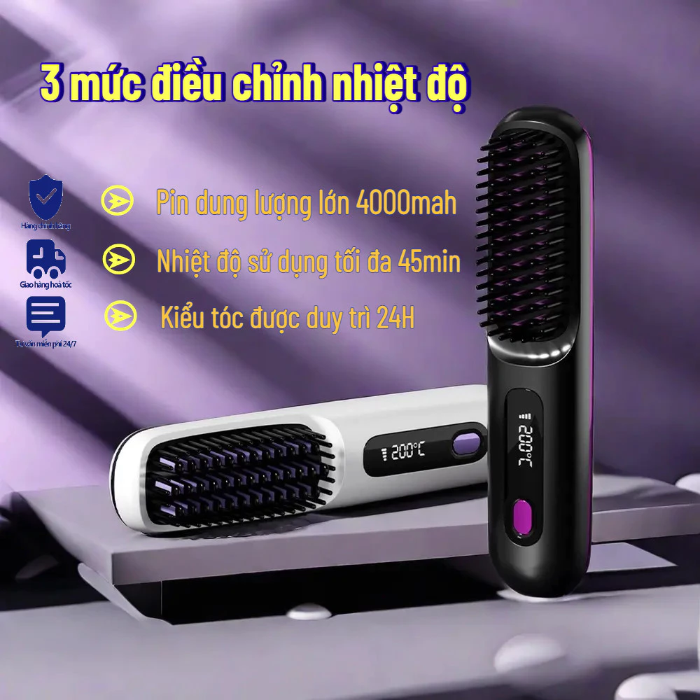 Lược uốn và duỗi tóc LCD USB có thể sạc lại S7 Đen TímLược tạo kiểu tóc bằng gốm không dây LCD chất lượng cao Barbershop