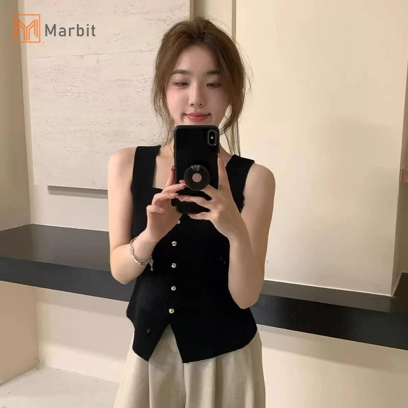 Marbit Pháp Retro Màu Trơn Cổ Vuông Áo Vest Dệt Kim Mỏng Không Tay Cho Nữ Mới