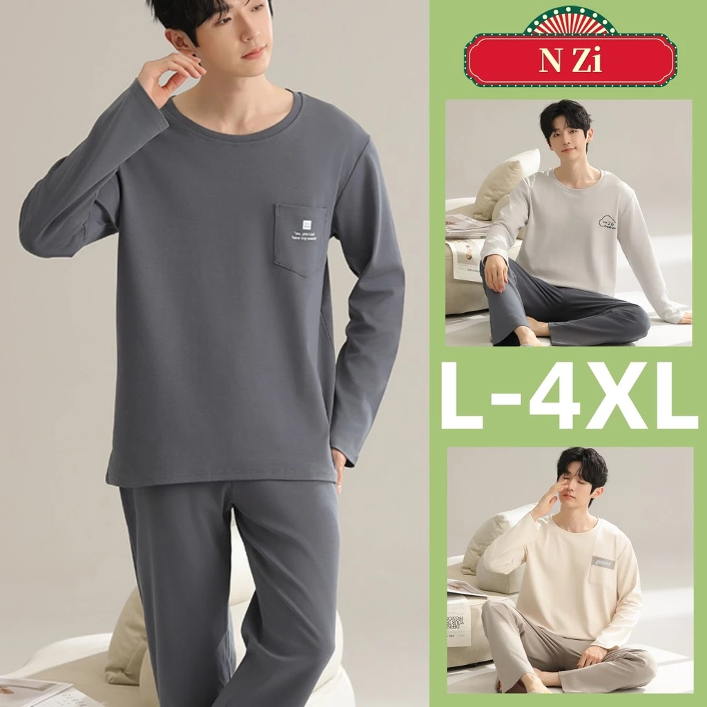Bộ Đồ Ngủ Nam Cotton L-4XL Bộ Đồ Ngủ Mùa Đông Phiên Bản Hàn Quốc Dài Tay Đồ Ngủ Người Trơn Kẻ Sọc Rời Plus Kích Thước Loungewear