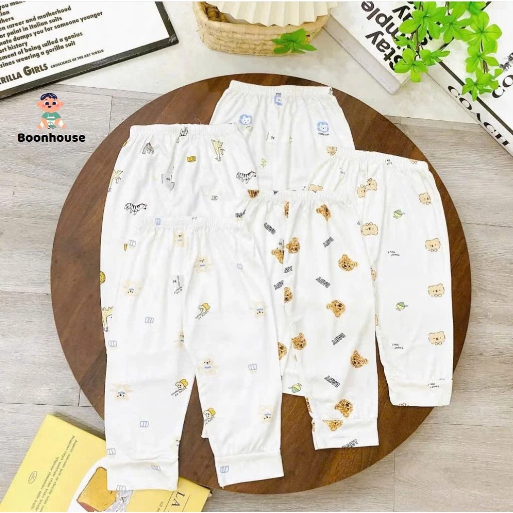 Set 5 quần dài sơ sinh, quần dài thun lạnh họa tiết trắng mềm mát co giãn tốt cho bé 3-9kg