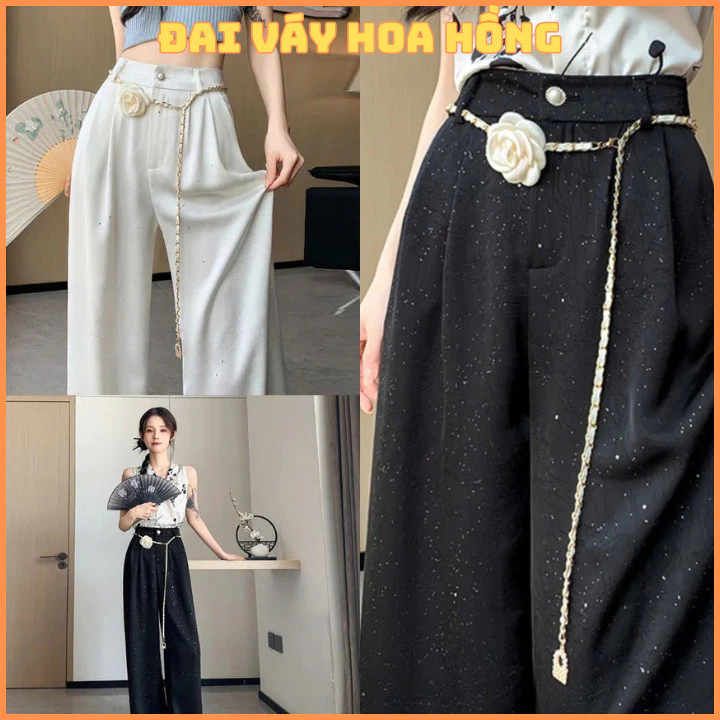 Thắt lưng dây xích , dây đeo trang trí hoa hồng, Phụ kiện nữ phối hoa trắng đen phong cách thanh lịch OLL381