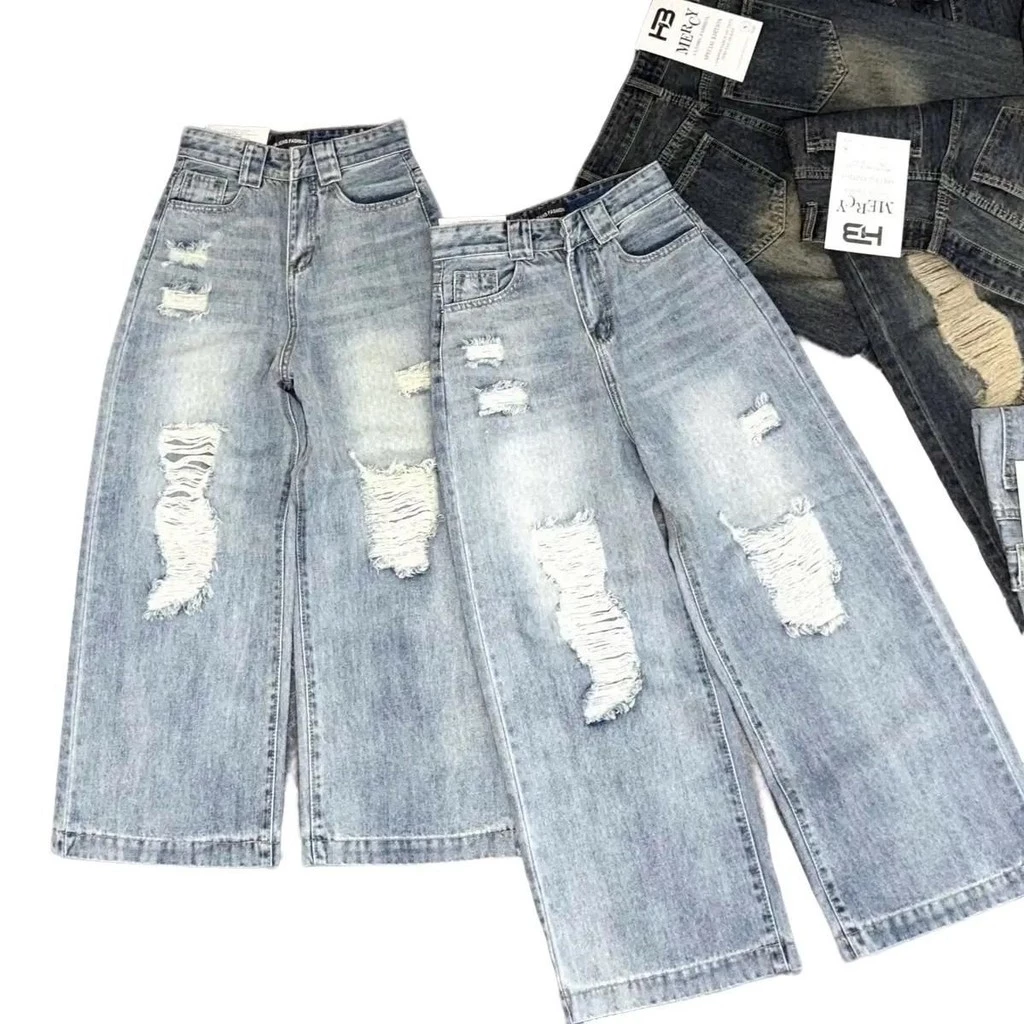 (95cm) Quần Jean Nữ  Suông Nấm Rách Lớn QC . Jean ko giãn . Đủ Size S/M/L ( S01 - Quần suông nấm ) 6486