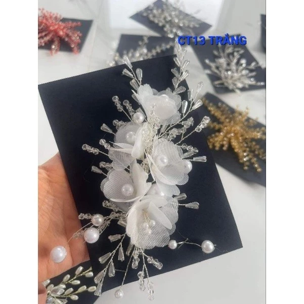 Tổng hợp các mẫu cài tóc cô dâu hoa voan phối lưới hạt trai, phụ kiện cài tóc cô dâu, phụ kiện cưới