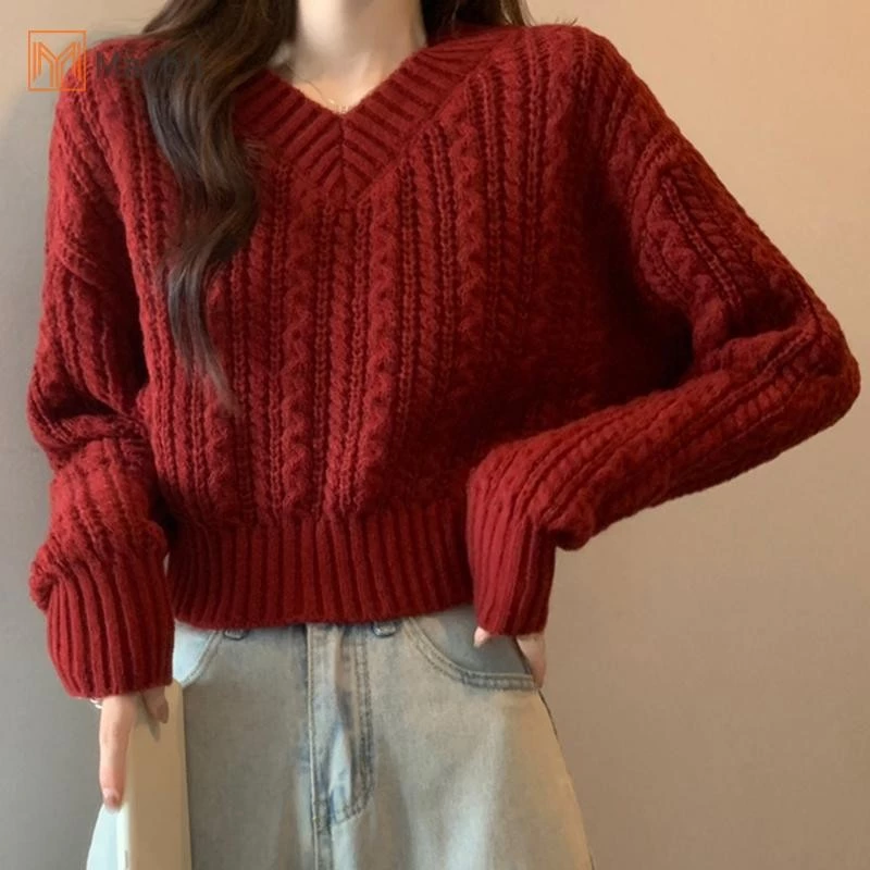 Marbit Nữ Thời Trang Retro Cổ Chữ V Dài Tay Phù Hợp Với Áo Len Ngắn Dệt Kim Xoắn Mới