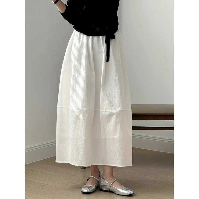 Váy Midi trắng đơn giản mùa hè mới Váy lưng cao màu trắng dành cho nữ 250513