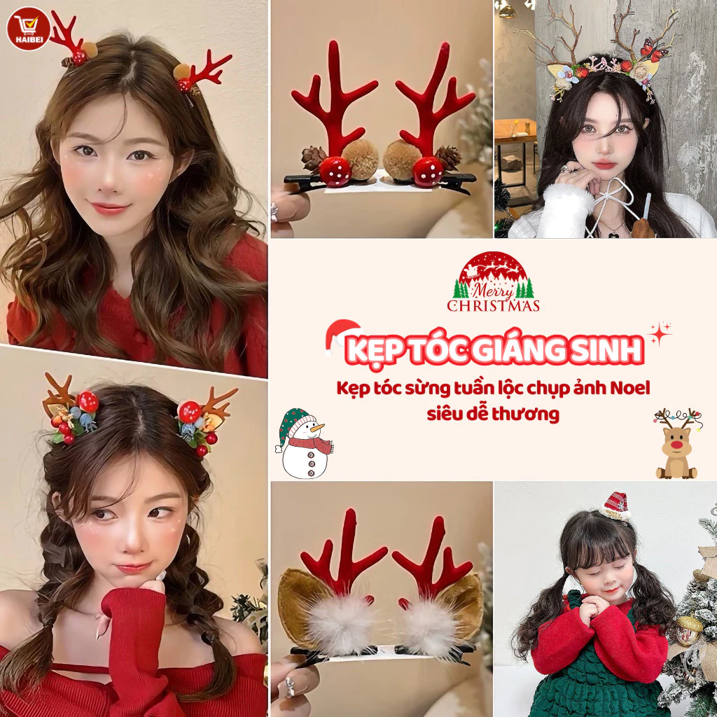 Kẹp tóc tai tuần lộc chủ đề giáng sinh, phụ kiện cài tóc noel, kẹp tóc mũ giáng sinh