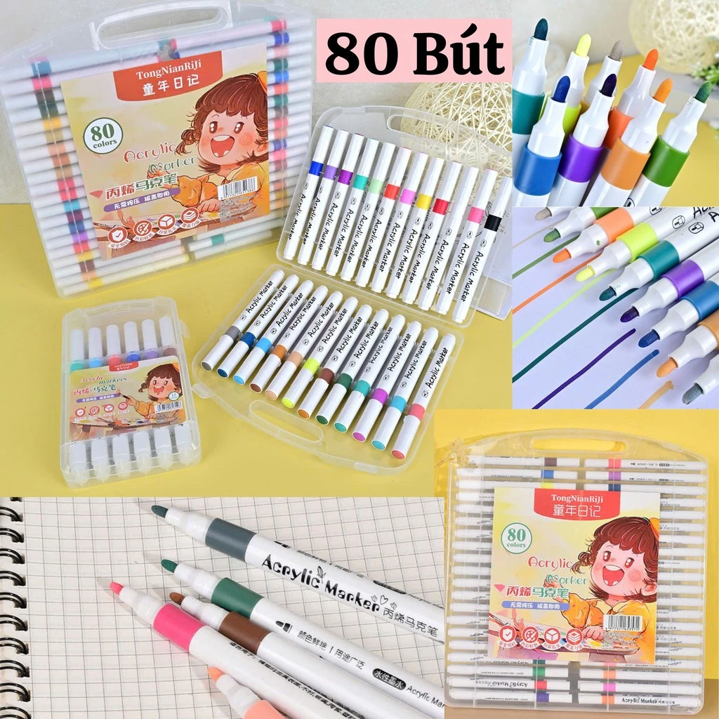 [FreeShip] (Có Hộp Đựng) Hộp 80 Bút Màu Acrylic Market Cao Cấp Chống Nước - Bút Màu, Vẽ Trên Mọi Chất Liệu Không Lem Màu