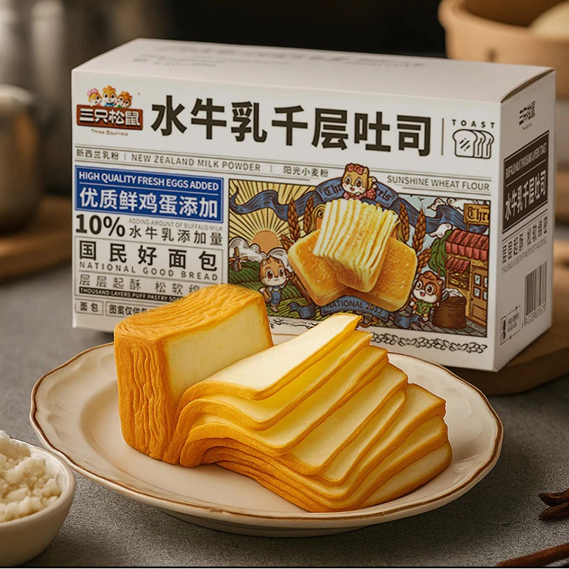 [Chính hãng Ba con sóc] Bánh mì nướng ngàn lớp sữa bò thơm ngon mềm mướt bánh ăn sáng đồ ăn vặt nội địa Trung