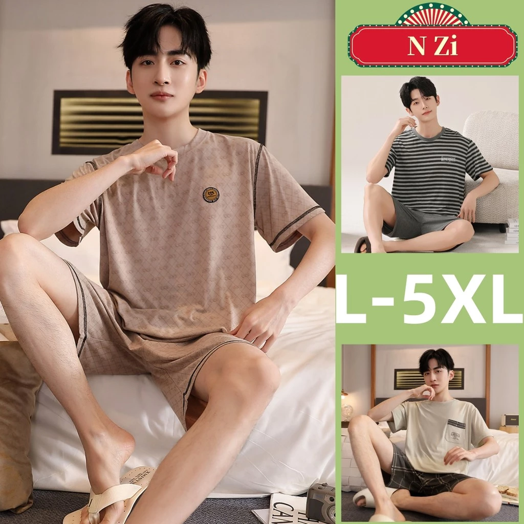 L-5XL Plus Kích Thước Bộ Đồ Ngủ Nam Modal Bộ Đồ Ngủ Mùa Hè Tay Ngắn Đồ Ngủ Người Cotton Mặc Ban Đêm Mỏng