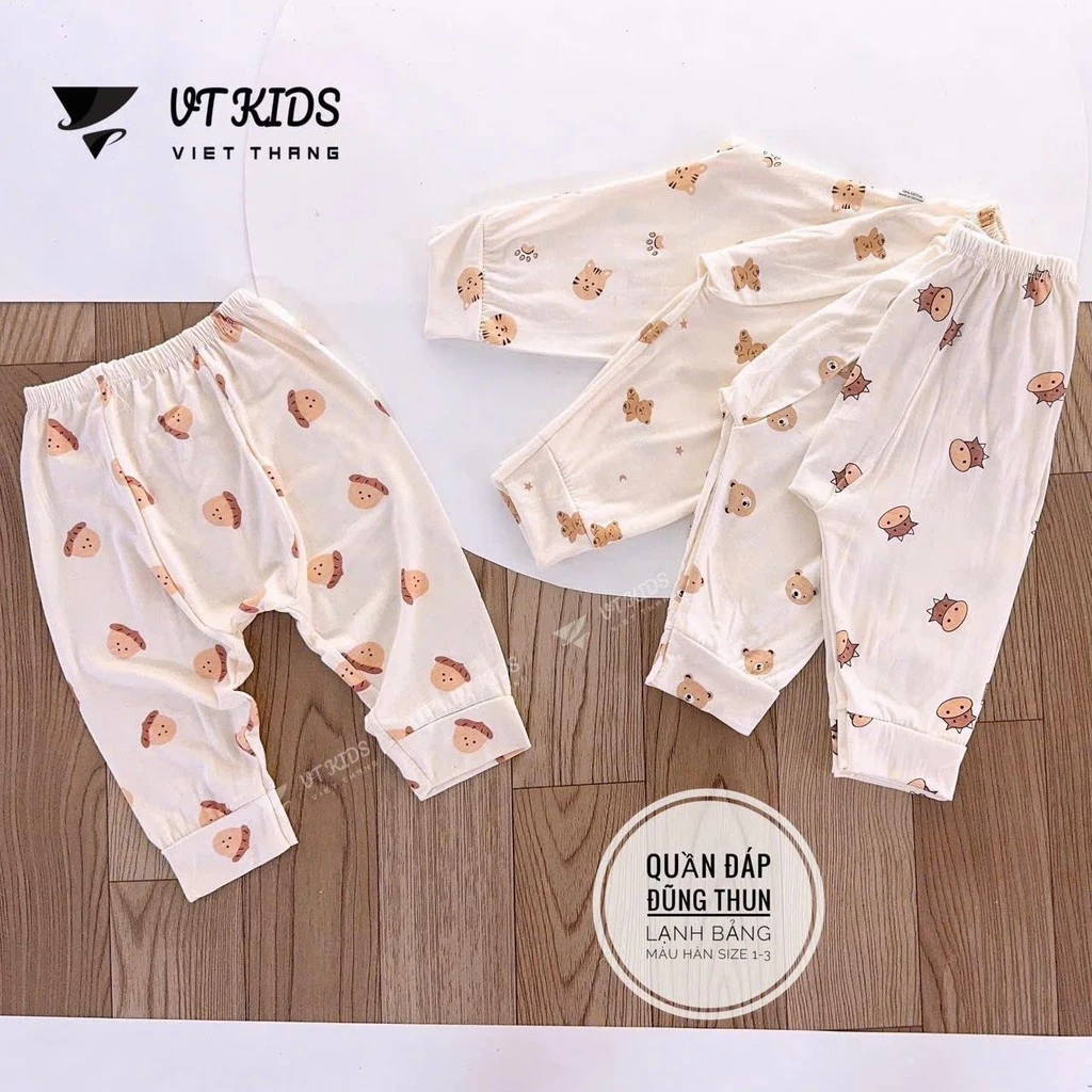 Set 10 Quần Dài Quần Chục Thun Lạnh Đáp Đũng Bỏ Bỉm Màu Kem VT Cho Bé Sơ Sinh M 3-9kg Mềm Mịn Dễ Chịu
