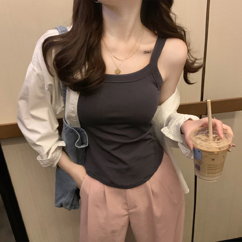 Áo camisole cotton nguyên chất phong cách Hàn Quốc có đệm ngực, áo khoác ngoài màu trơn ôm sát, áo sơ mi ngắn