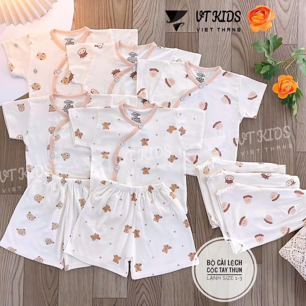 Set 5 Bộ Cộc Tay Vải Thun Lạnh Mềm Mại Nền Kem Họa Tiết Dễ Thương Cho Bé Trai Bé Gái Từ 3-9kg