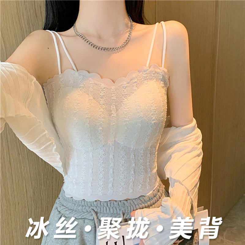 Áo camisole ren lụa lạnh sexy với dây đeo đôi, áo ống, đồ lót, đồ ngoài, áo ngắn ôm sát