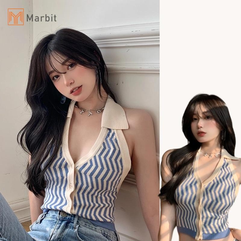 Marbit Dệt Kim Crop Top Nữ Cổ Áo Gợi Cảm Mùa Hè Sọc Midriff-baring Áo Lưng Không Tay Sang Trọng Y2k Top Mới