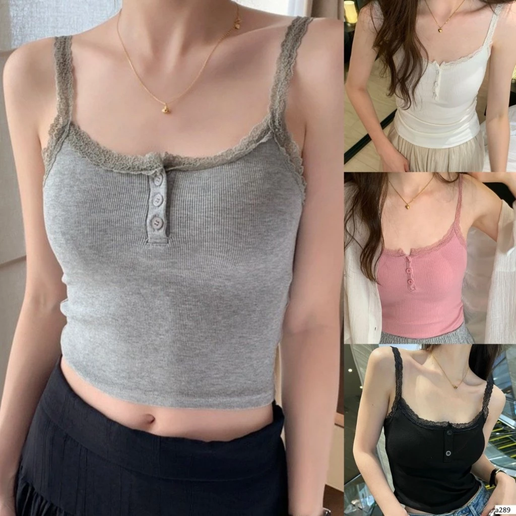 LOTUS_ Áo Hai Dây Phối Ren Nút Khoá Form Ôm Body Có Mút kiểu dáng basic dễ phối đồ chất thun gân tăm dày dặn- A289